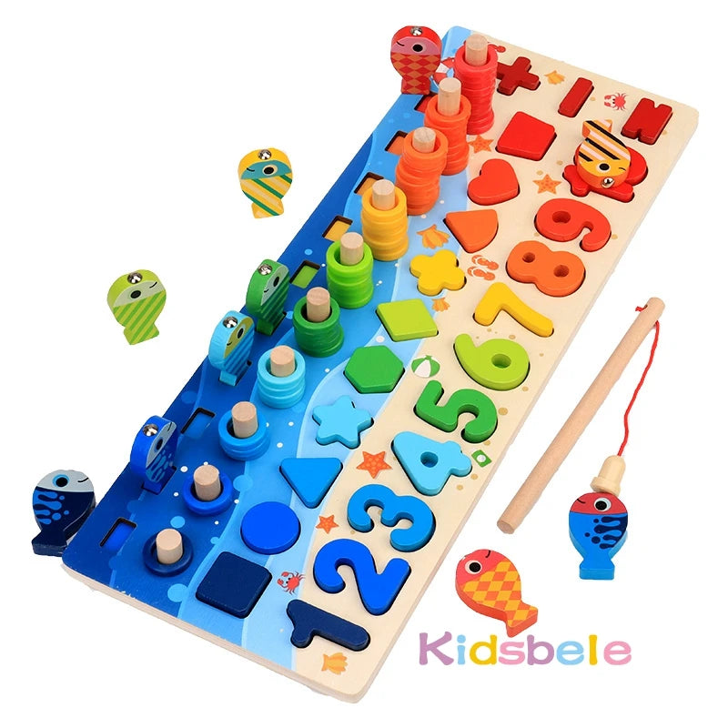 Wooden Number Puzzle Sorting Montessori Toys For Toddlers Shape Sorter Counting Fishing Game Educational Math Stacking Block