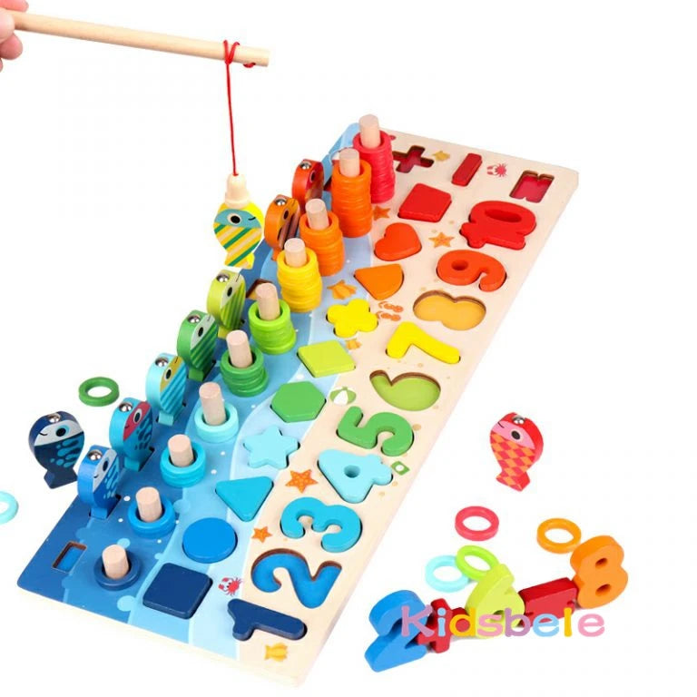 Wooden Number Puzzle Sorting Montessori Toys For Toddlers Shape Sorter Counting Fishing Game Educational Math Stacking Block