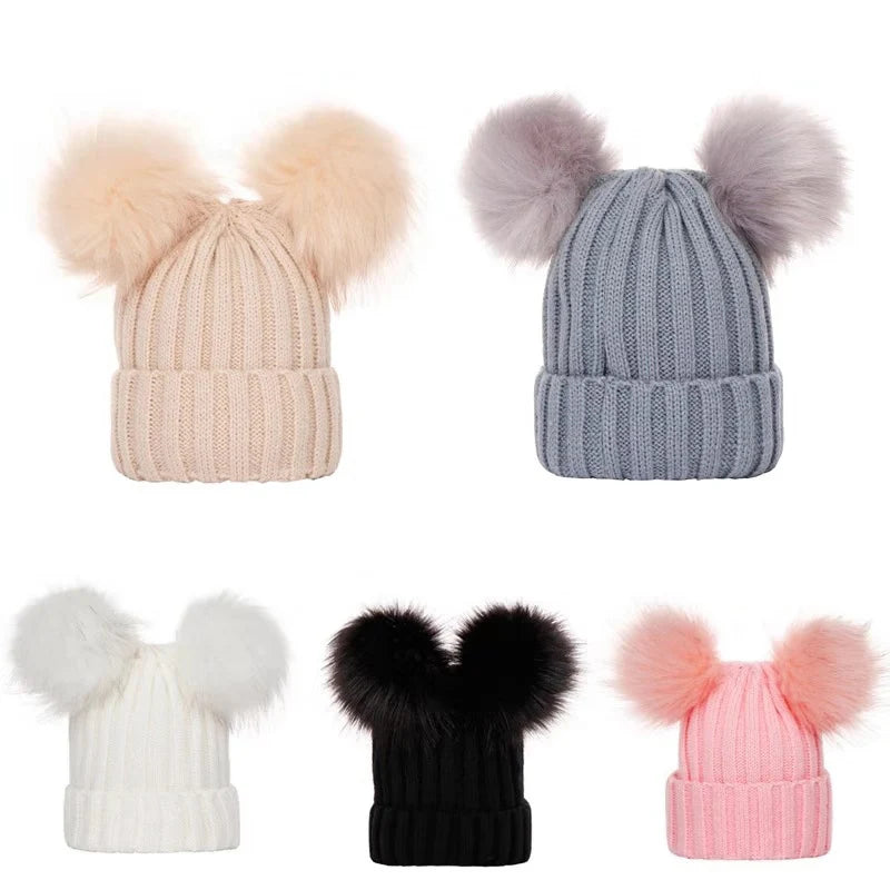 2024 Mother Kids Hats Bobble Hat Children Cap Pom Pom Beanies Caps Kids Cap Infant Bonnet Accessories for Baby Girls Boys 0-3Y