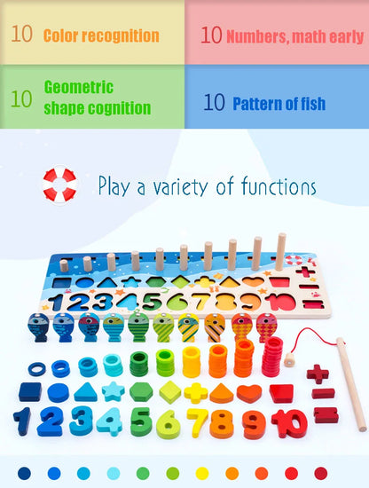 Kids Montessori Math Toys For Toddlers Educational Wooden Puzzle Fishing Toys Count Number Shape Matching Sorter Games Board Toy