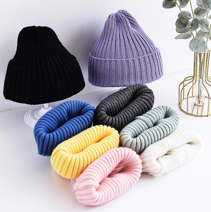 6 Months To 5 Years Baby Kids Winter Warm Ribbed Knitted Beanie Hat New Sweet Solid Candy Color Toddlers Windproof Cap