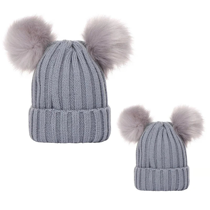 2024 Mother Kids Hats Bobble Hat Children Cap Pom Pom Beanies Caps Kids Cap Infant Bonnet Accessories for Baby Girls Boys 0-3Y