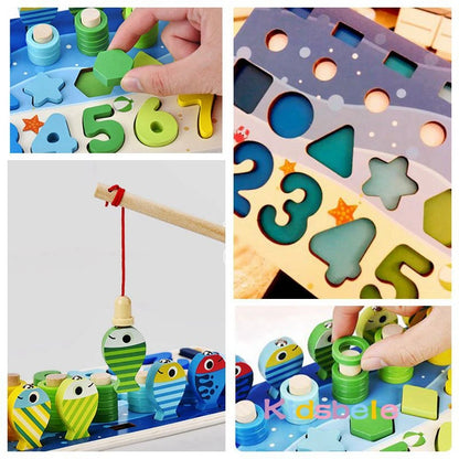 Wooden Number Puzzle Sorting Montessori Toys For Toddlers Shape Sorter Counting Fishing Game Educational Math Stacking Block