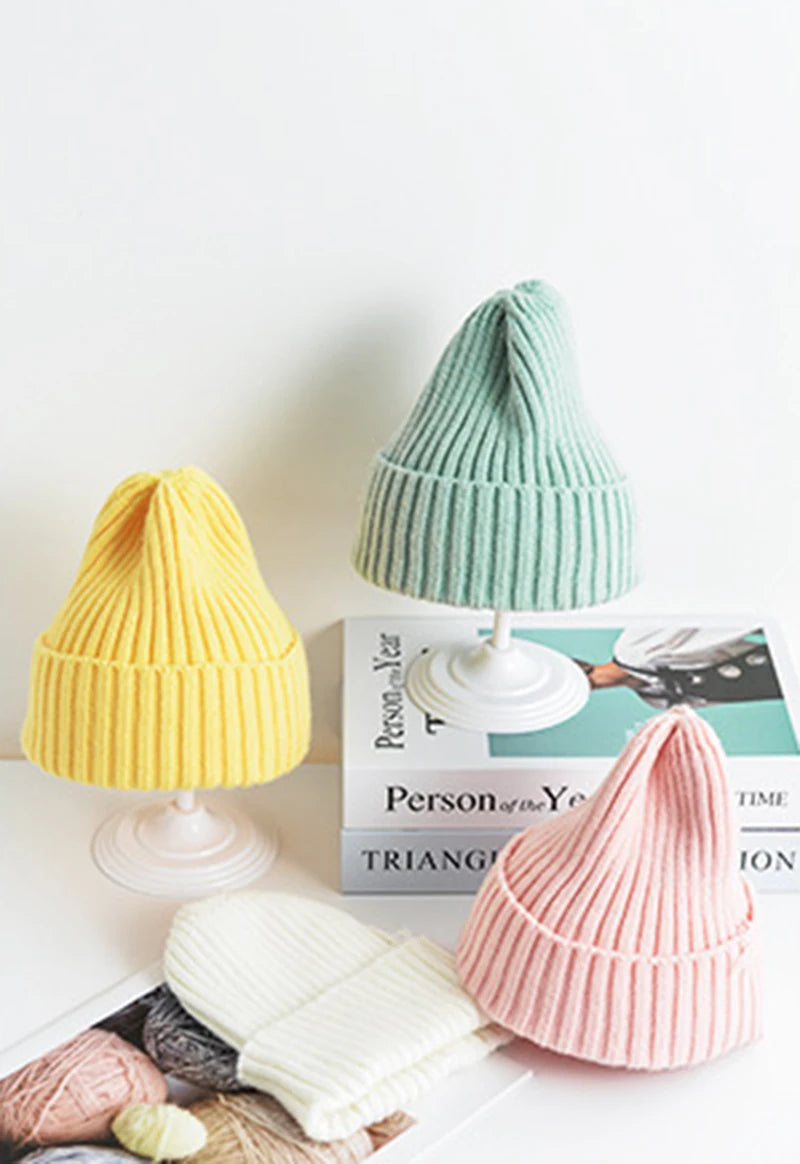 6 Months To 5 Years Baby Kids Winter Warm Ribbed Knitted Beanie Hat New Sweet Solid Candy Color Toddlers Windproof Cap