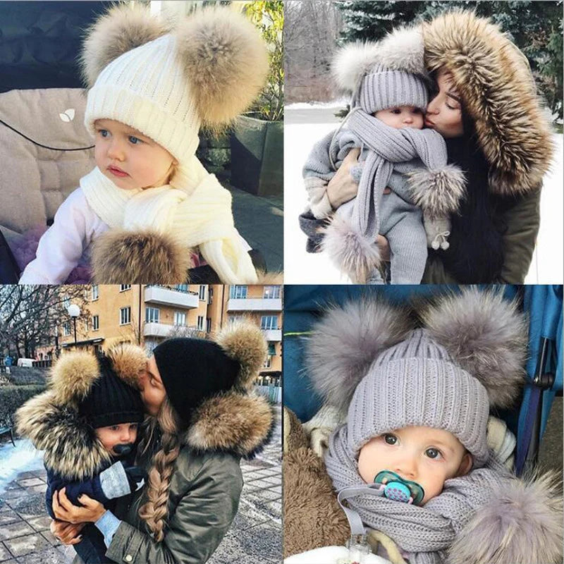 2024 Mother Kids Hats Bobble Hat Children Cap Pom Pom Beanies Caps Kids Cap Infant Bonnet Accessories for Baby Girls Boys 0-3Y