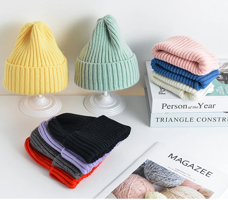 6 Months To 5 Years Baby Kids Winter Warm Ribbed Knitted Beanie Hat New Sweet Solid Candy Color Toddlers Windproof Cap