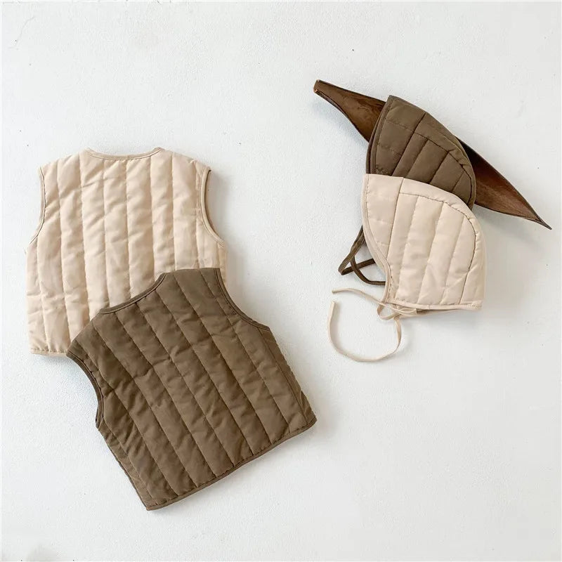 Autumn Winter Baby Vest with Hat  2PCS Warmer Cotton Coat Fashion Korean Kids Waistcoat Outerwear Jackets