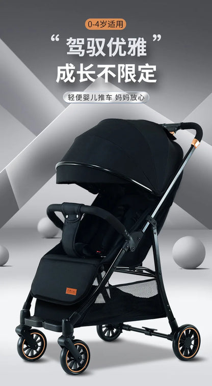 Baby stroller can sit and lie high with a light folding and shock-absorbing stroller for children