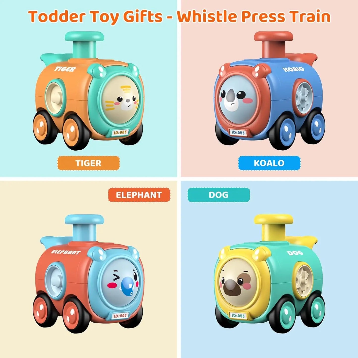 4Pcs Face Change Whistle Little Train Toy,Press and Go Animal Train Toys for Toddlers