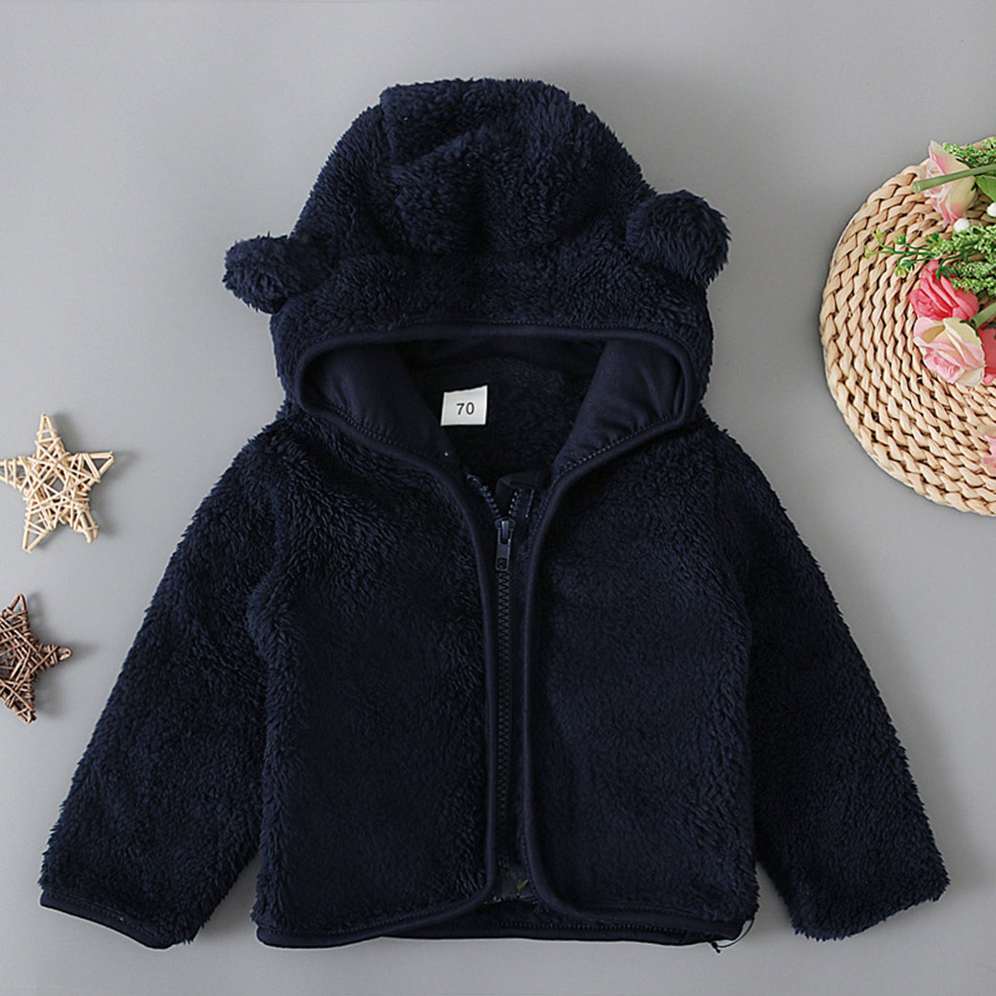 Baby Casual Winter Warm Hooded Outerwear Long Sleeve Fleece Lined Bear Ears Zipper Thermal Jacket Coat Loungewear Daliy Wear