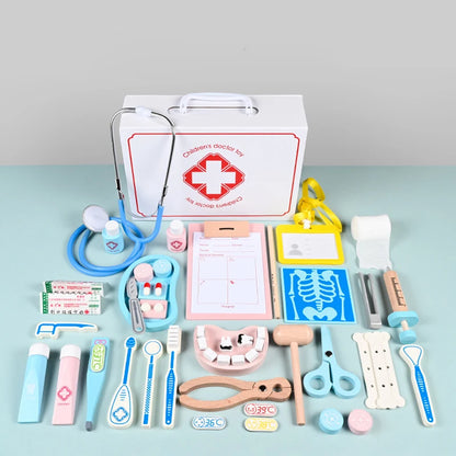 42pcs Kids Doctor Play Set Pretend Doctor's Kit  Role Play Wooden Medical Kit with Stethoscope and Carrying Case Educational Toy