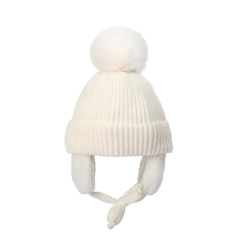 Winter Thick Baby Hat Big Pompom Beanie with Earflap Wool Plush Children Knitted Cap for Girls Boys Warm Kids Accessories 2-8T