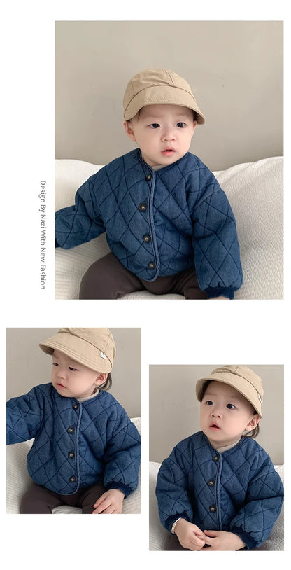 2024 Winter New Baby Long Sleeve Warm Coat Plus Velvet Thick Infant Girl Denim Jacket Toddler Boy Casual Cardigan Kids Clothes