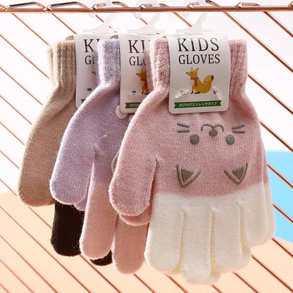 Cartoon Bear Bunny Cat Pattern Glove Winter Warm Gloves Boys Girls Kids Outdoor Playing Winter Gloves for 4-8 Years Old