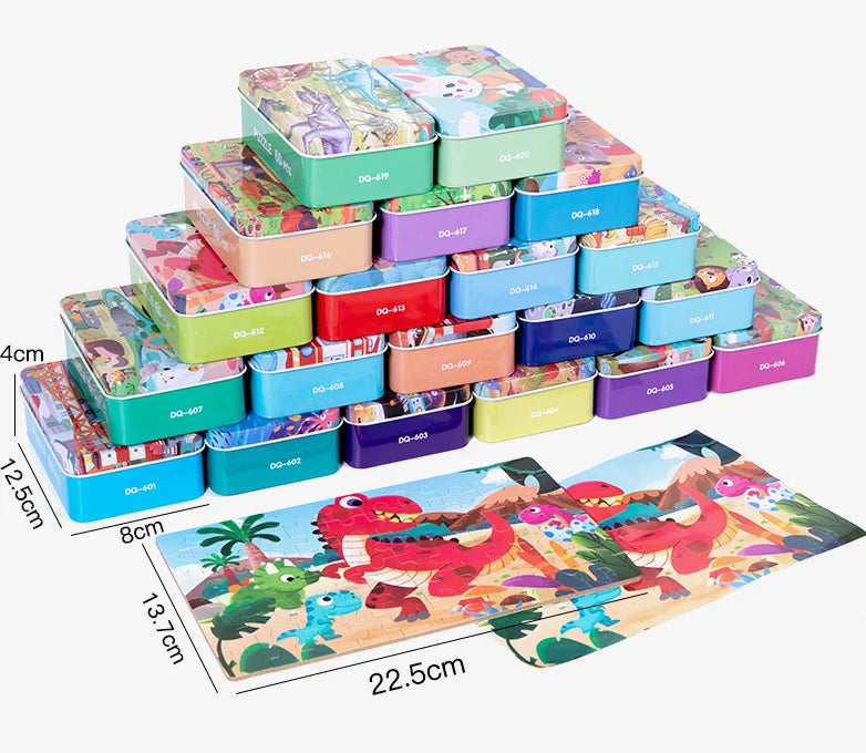 60 Pcs/Set Kids Wooden Puzzle Cartoon Animal Vehicle Dinosaur Pattern Jigsaw with Iron Box Baby Early Educational Toys Gift