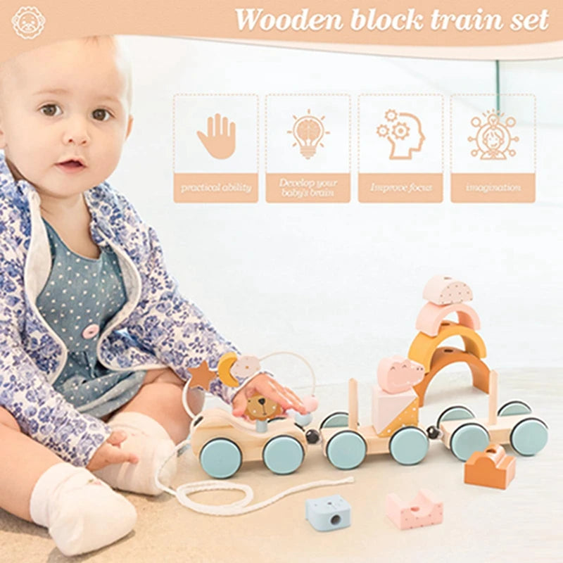 Wooden Montessori Train Set Baby Cartoon Animal Cart Building Blocks Around Bead To Stack Toy Pine Handmade Baby Room Decor Gift