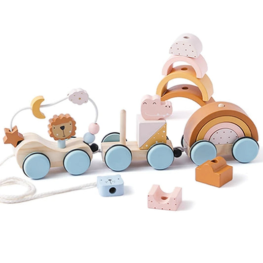 Wooden Montessori Train Set Baby Cartoon Animal Cart Building Blocks Around Bead To Stack Toy Pine Handmade Baby Room Decor Gift