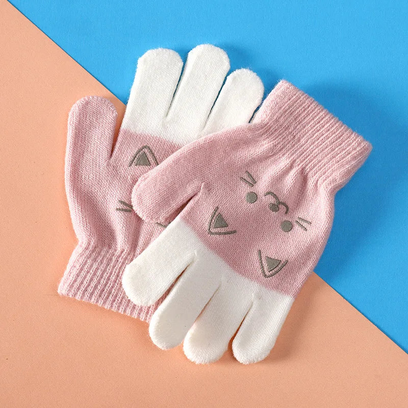 Cartoon Bear Bunny Cat Pattern Glove Winter Warm Gloves Boys Girls Kids Outdoor Playing Winter Gloves for 4-8 Years Old