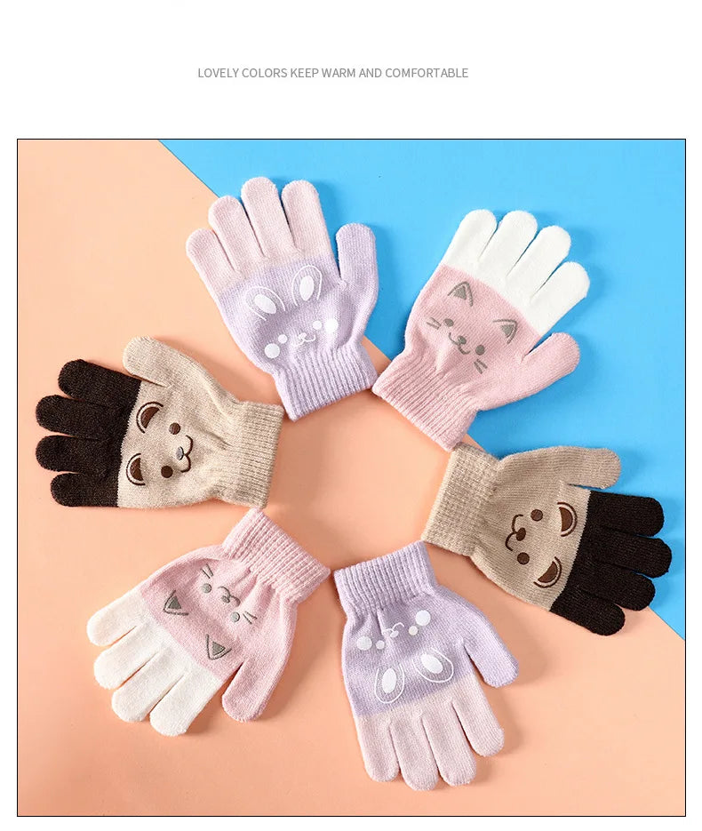 Cartoon Bear Bunny Cat Pattern Glove Winter Warm Gloves Boys Girls Kids Outdoor Playing Winter Gloves for 4-8 Years Old