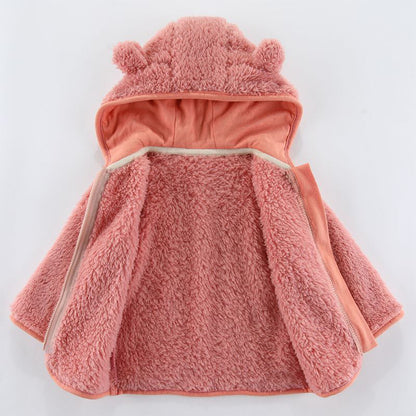 Baby Casual Winter Warm Hooded Outerwear Long Sleeve Fleece Lined Bear Ears Zipper Thermal Jacket Coat Loungewear Daliy Wear