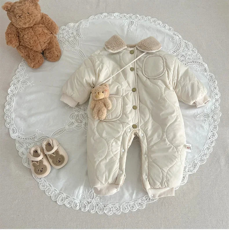 New Baby Winter Romper Lamb Wool Lining Toddler Jumpsuit with Bear Toys Thick Warm Kids Outfit Infant Newborn Boys Girls Clothes