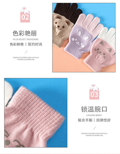 Cartoon Bear Bunny Cat Pattern Glove Winter Warm Gloves Boys Girls Kids Outdoor Playing Winter Gloves for 4-8 Years Old