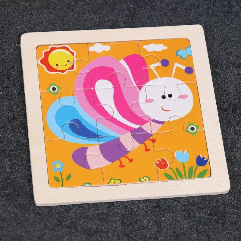 11X11cm Children's Wooden Jigsaw Puzzle Toy Animal Insect Vehicle Cartoon Early Educational Toys for Kids Toddler Montessori Toy