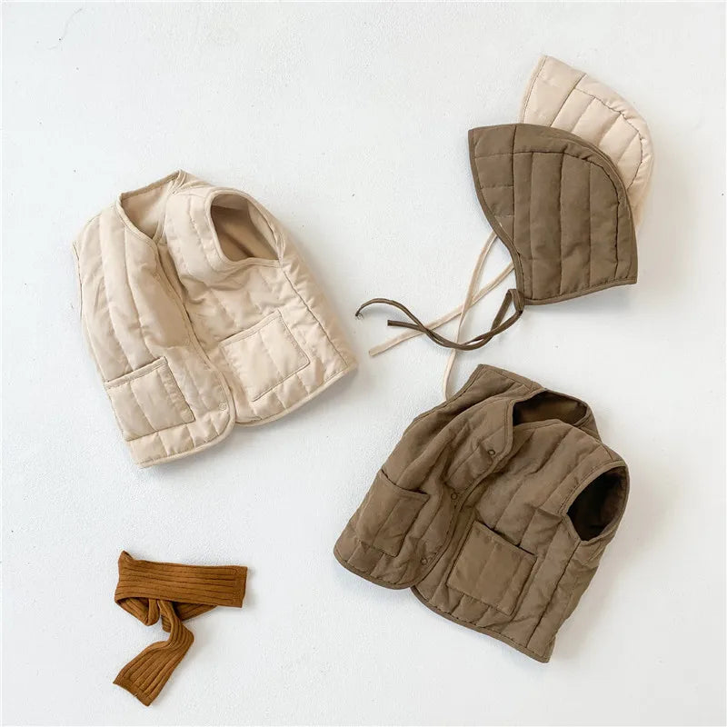 Autumn Winter Baby Vest with Hat  2PCS Warmer Cotton Coat Fashion Korean Kids Waistcoat Outerwear Jackets