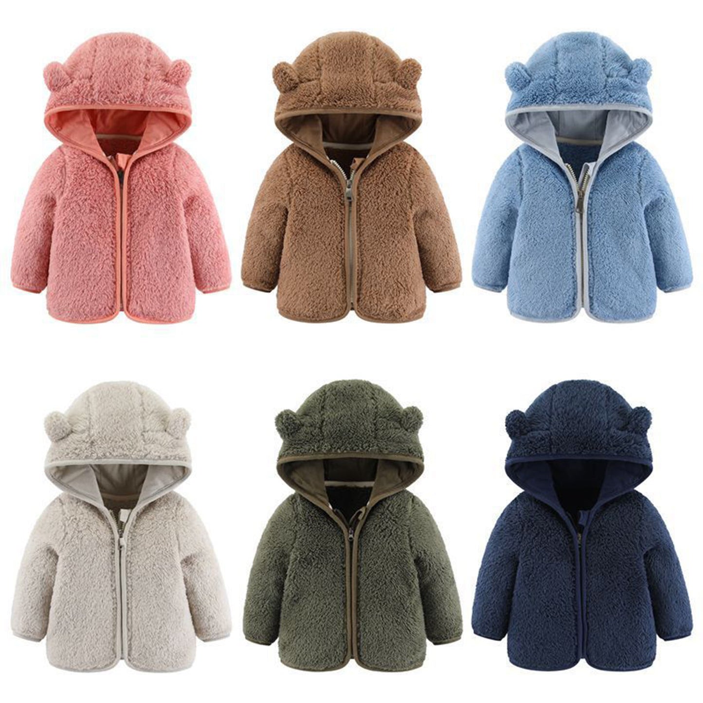 Baby Casual Winter Warm Hooded Outerwear Long Sleeve Fleece Lined Bear Ears Zipper Thermal Jacket Coat Loungewear Daliy Wear