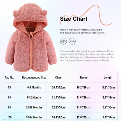 Baby Casual Winter Warm Hooded Outerwear Long Sleeve Fleece Lined Bear Ears Zipper Thermal Jacket Coat Loungewear Daliy Wear