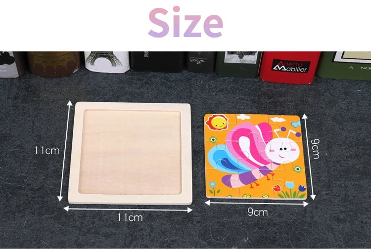 11X11cm Children's Wooden Jigsaw Puzzle Toy Animal Insect Vehicle Cartoon Early Educational Toys for Kids Toddler Montessori Toy