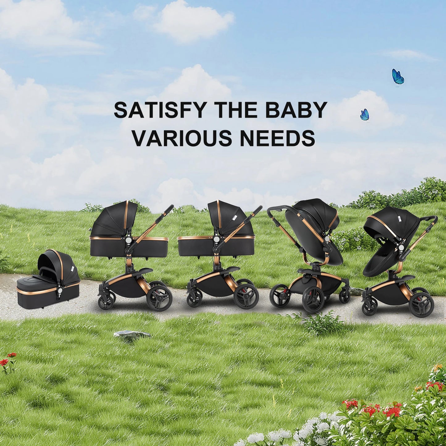 Baby stroller 3 in 1 stroller  Newborn Stroller Baby Carriage High Quality Senior  Baby Portable Rubber Wheel PU leather  Parm