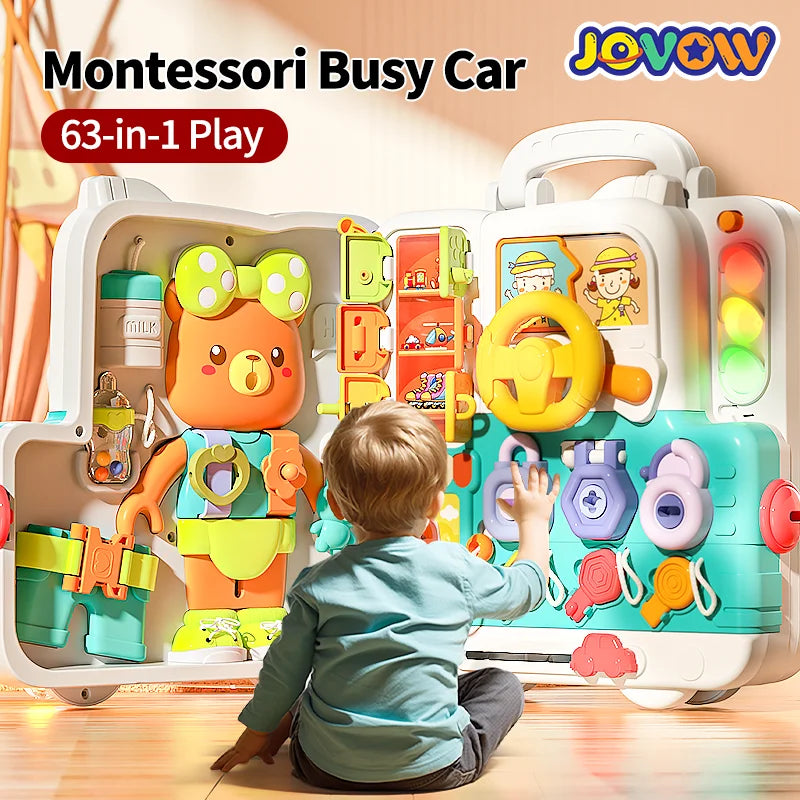 Jovow Busy Board Montessori Sensory Toys for Toddlers Refined Puzzle House Light Music Car Travel Activities Early Education Toy