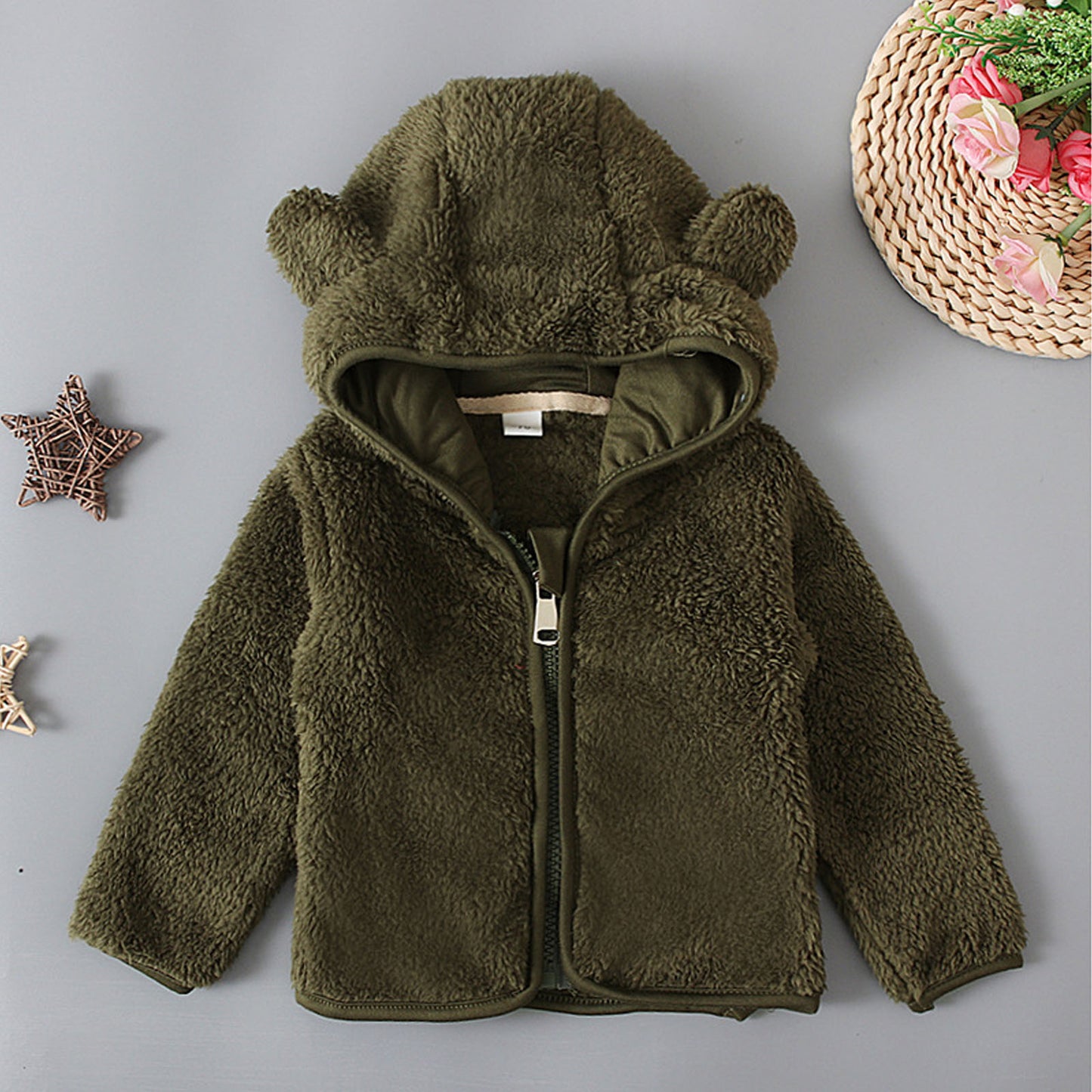 Baby Casual Winter Warm Hooded Outerwear Long Sleeve Fleece Lined Bear Ears Zipper Thermal Jacket Coat Loungewear Daliy Wear