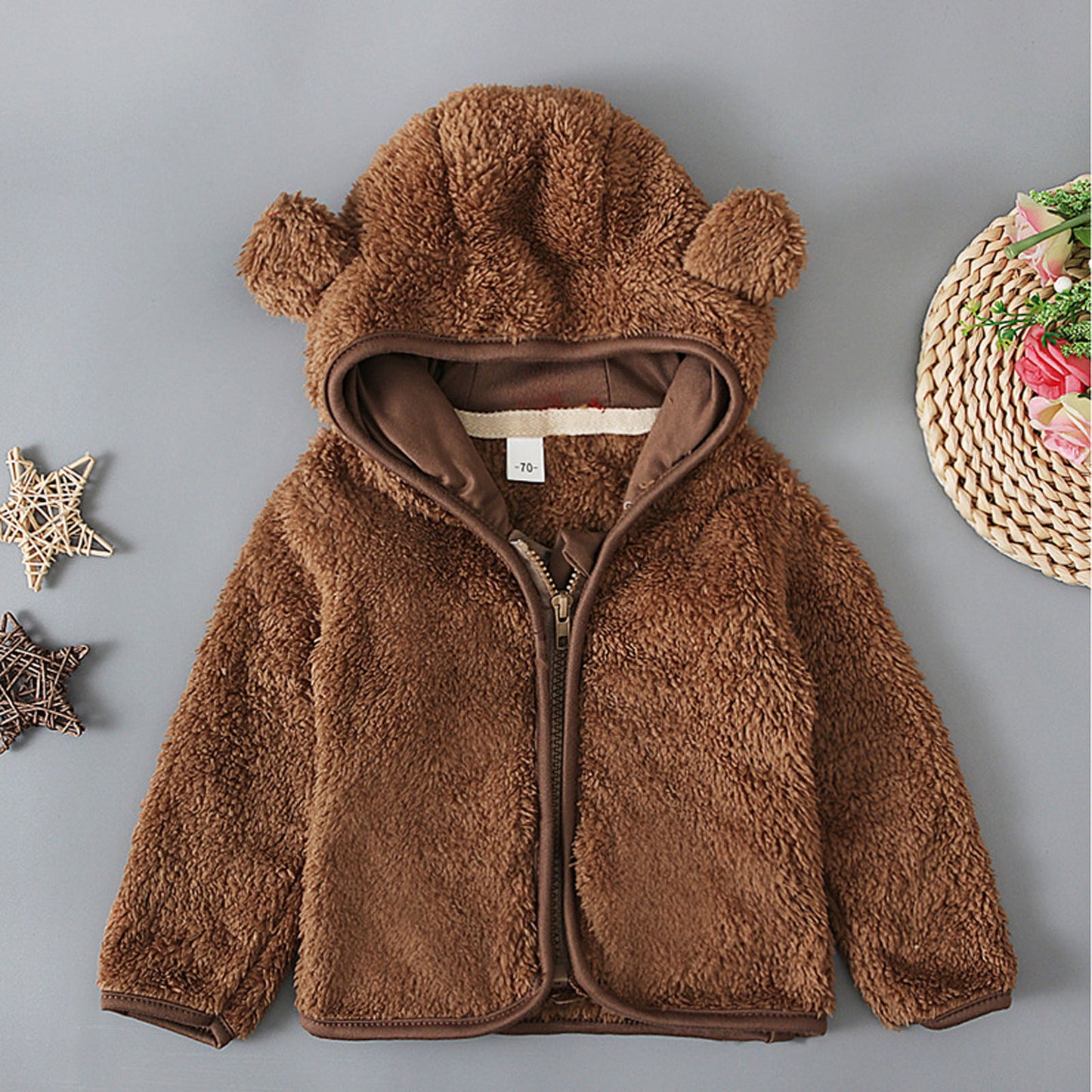 Baby Casual Winter Warm Hooded Outerwear Long Sleeve Fleece Lined Bear Ears Zipper Thermal Jacket Coat Loungewear Daliy Wear