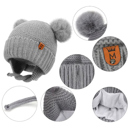 Winter Baby Hat Windproof Toddler Bonnet Cute Pompom Knitted Hats Newborn Beanies Cap Outdoor Warm Infant Accessories 0-2 Years