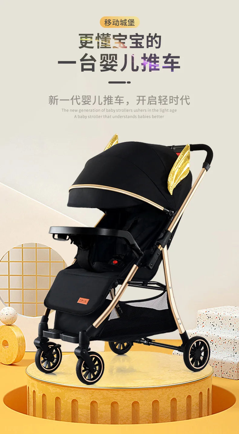 Baby stroller can sit and lie down with one button folding Children's four-wheel stroller is a lightweight handcart