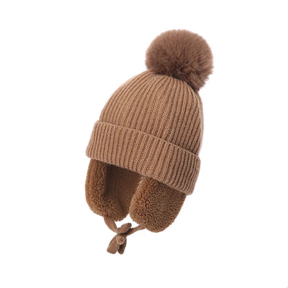 Winter Thick Baby Hat Big Pompom Beanie with Earflap Wool Plush Children Knitted Cap for Girls Boys Warm Kids Accessories 2-8T