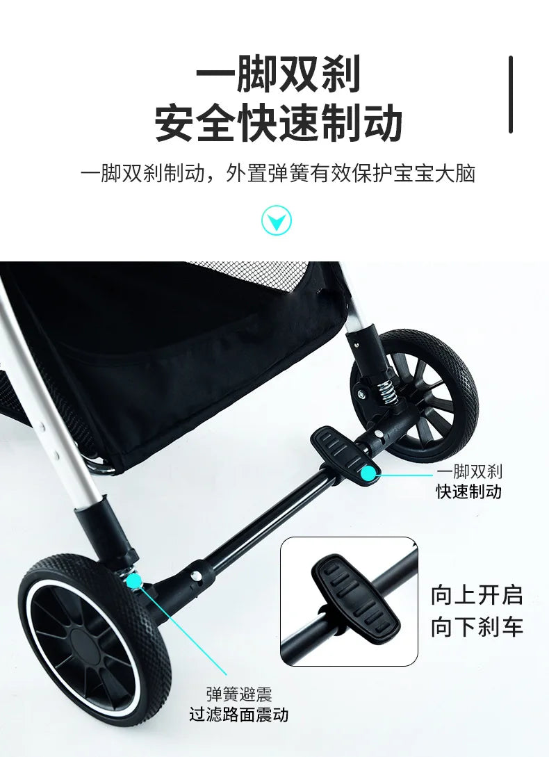 Baby stroller can sit and lie down with one button folding Children's four-wheel stroller is a lightweight handcart