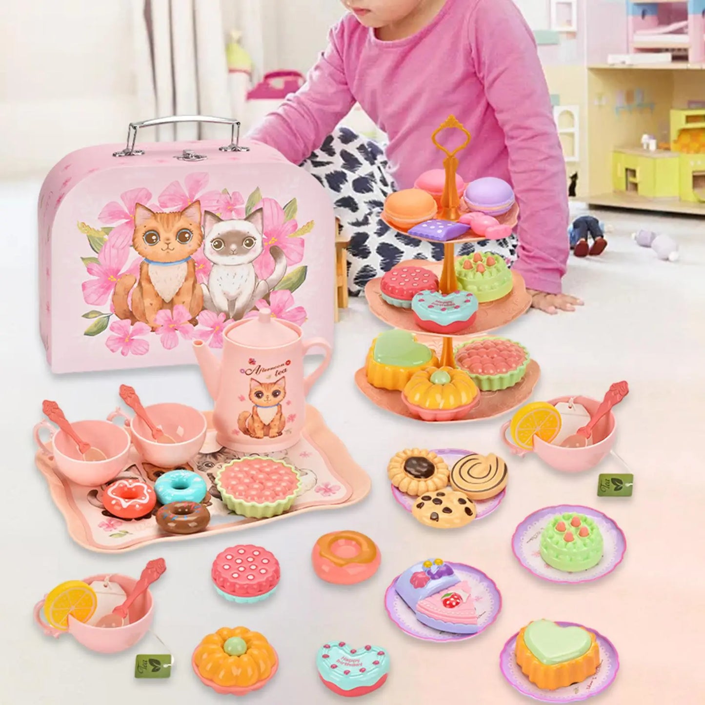 Pretend Play Playset Dessert Toys Kids Kitchen Playset Teapot Cups Tray Simulation Toddlers Tea Set for Toddlers Age 3 4 5 6