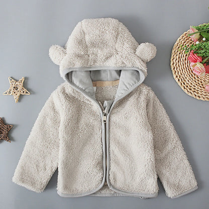 Baby Casual Winter Warm Hooded Outerwear Long Sleeve Fleece Lined Bear Ears Zipper Thermal Jacket Coat Loungewear Daliy Wear