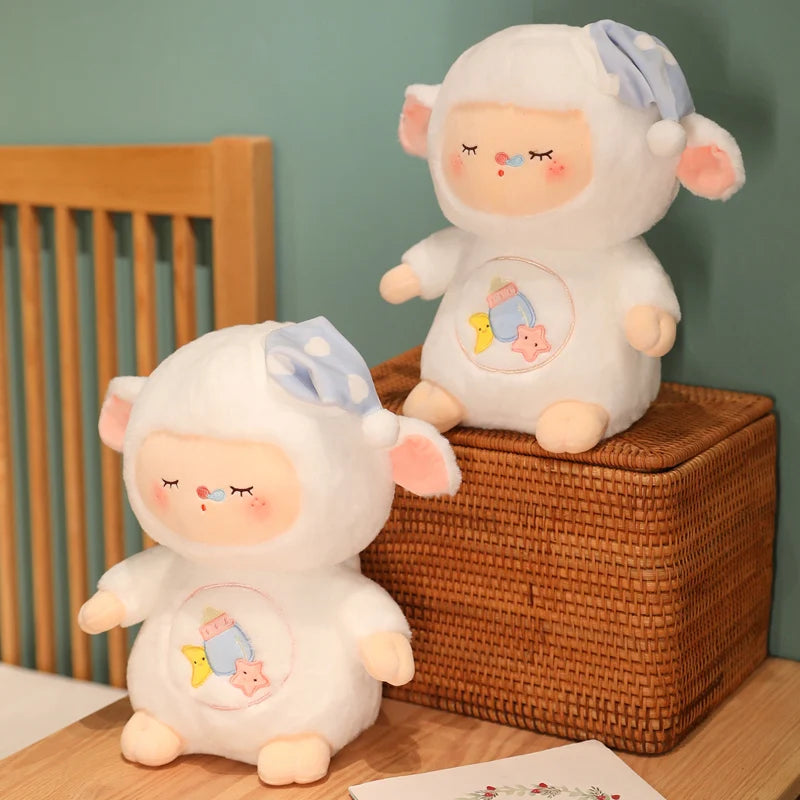 Kawaii Sleepy Lamb Plush Toy Stuffed Animals Baby Hugging Soft Pillow Cute White Sheep Cuddle Plushies Gift for Toddler Girls