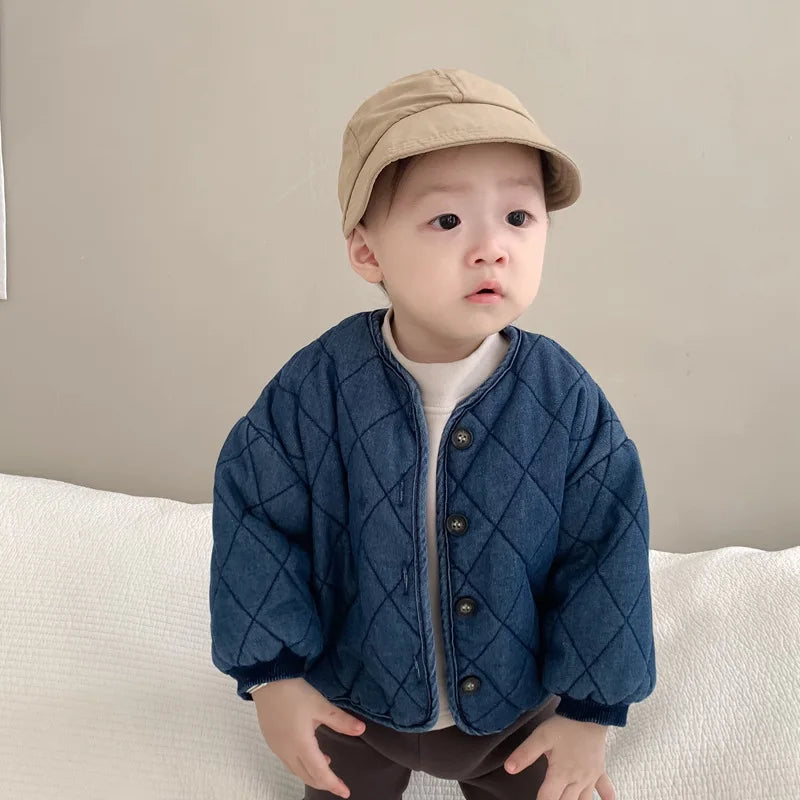 2024 Winter New Baby Long Sleeve Warm Coat Plus Velvet Thick Infant Girl Denim Jacket Toddler Boy Casual Cardigan Kids Clothes