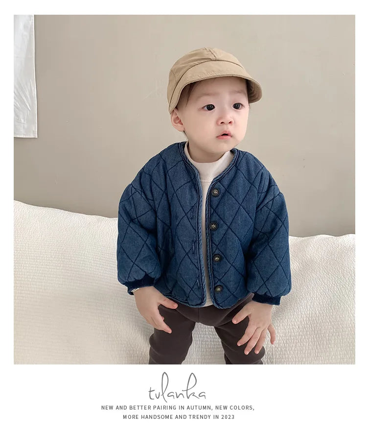 2024 Winter New Baby Long Sleeve Warm Coat Plus Velvet Thick Infant Girl Denim Jacket Toddler Boy Casual Cardigan Kids Clothes