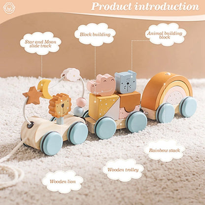 Wooden Montessori Train Set Baby Cartoon Animal Cart Building Blocks Around Bead To Stack Toy Pine Handmade Baby Room Decor Gift