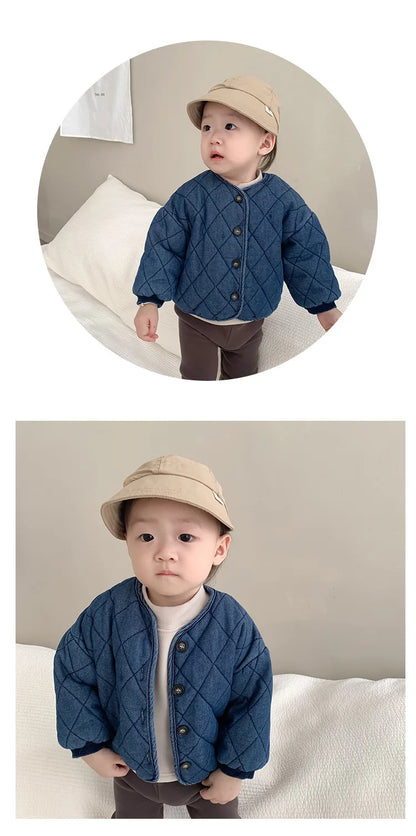 2024 Winter New Baby Long Sleeve Warm Coat Plus Velvet Thick Infant Girl Denim Jacket Toddler Boy Casual Cardigan Kids Clothes