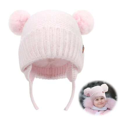 Winter Baby Hat Windproof Toddler Bonnet Cute Pompom Knitted Hats Newborn Beanies Cap Outdoor Warm Infant Accessories 0-2 Years