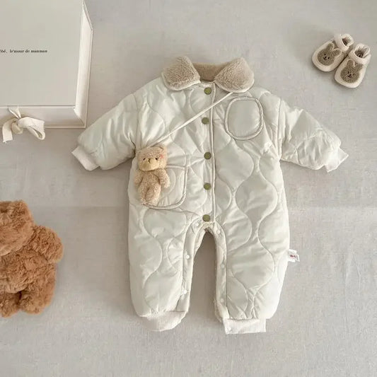 New Baby Winter Romper Lamb Wool Lining Toddler Jumpsuit with Bear Toys Thick Warm Kids Outfit Infant Newborn Boys Girls Clothes