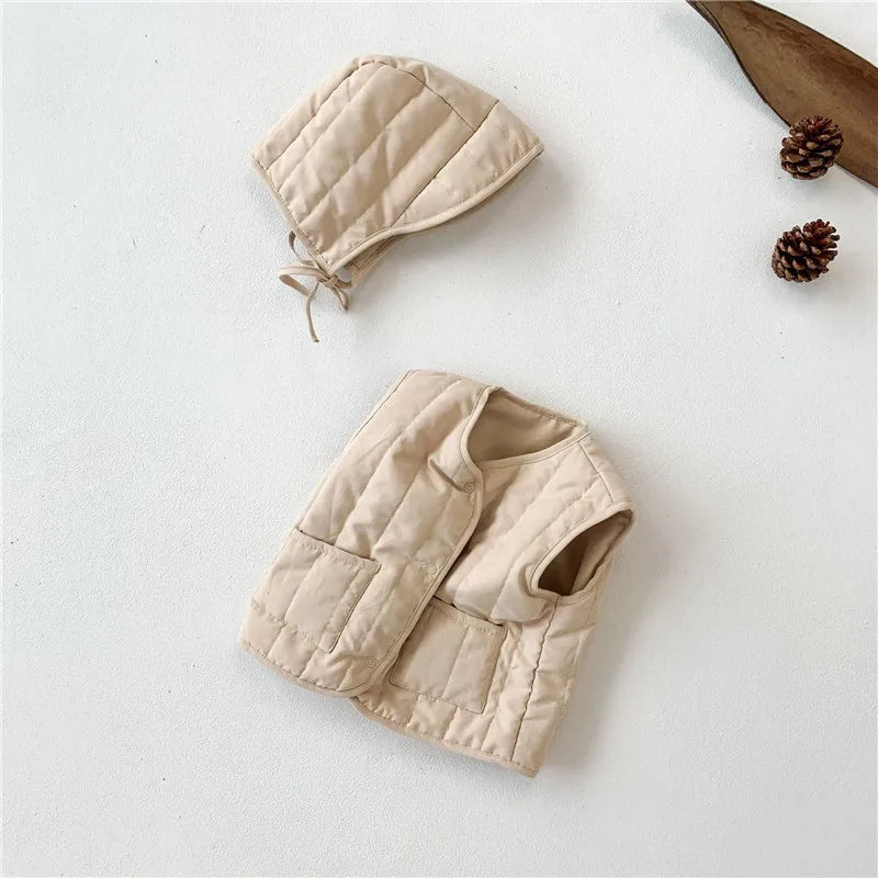 Autumn Winter Baby Vest with Hat  2PCS Warmer Cotton Coat Fashion Korean Kids Waistcoat Outerwear Jackets