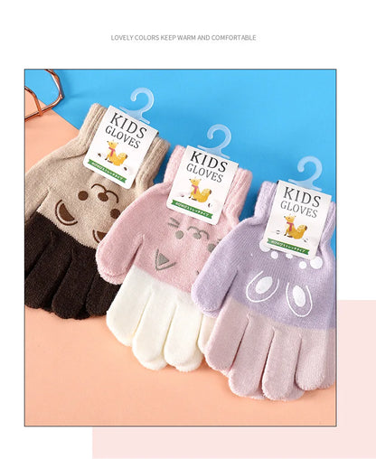 Cartoon Bear Bunny Cat Pattern Glove Winter Warm Gloves Boys Girls Kids Outdoor Playing Winter Gloves for 4-8 Years Old